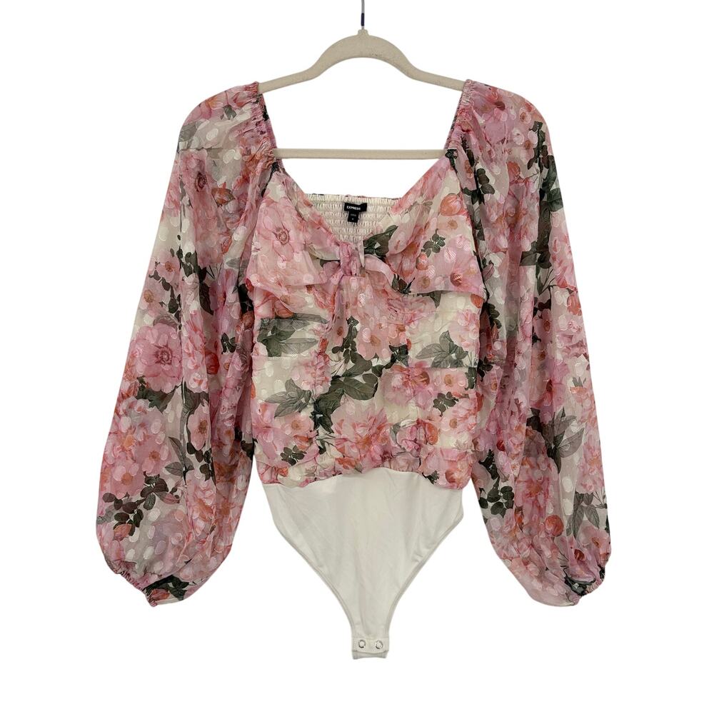 Express Women S Bodysuit Pink Floral Dot Balloon Sleeve Sweetheart Coquette